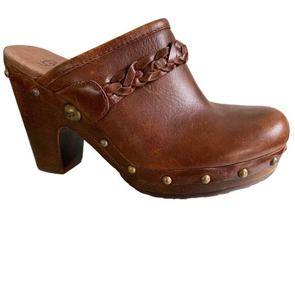 Ugg Australia Cognac Brown Leather Braided  Studded Clogs Mules size 6 - Picture 1 of 10